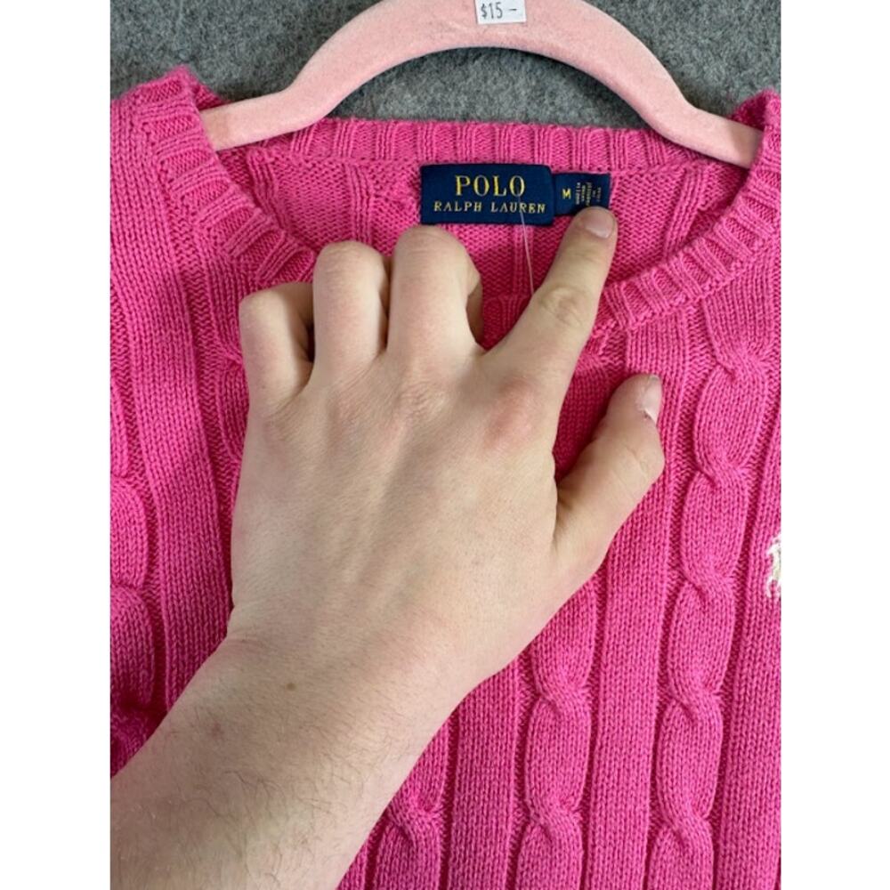 Polo Ralph Lauren Sweater Womens Medium Pink Crewneck Cable Knit Pony Preppy Y2K - Picture 4 of 8